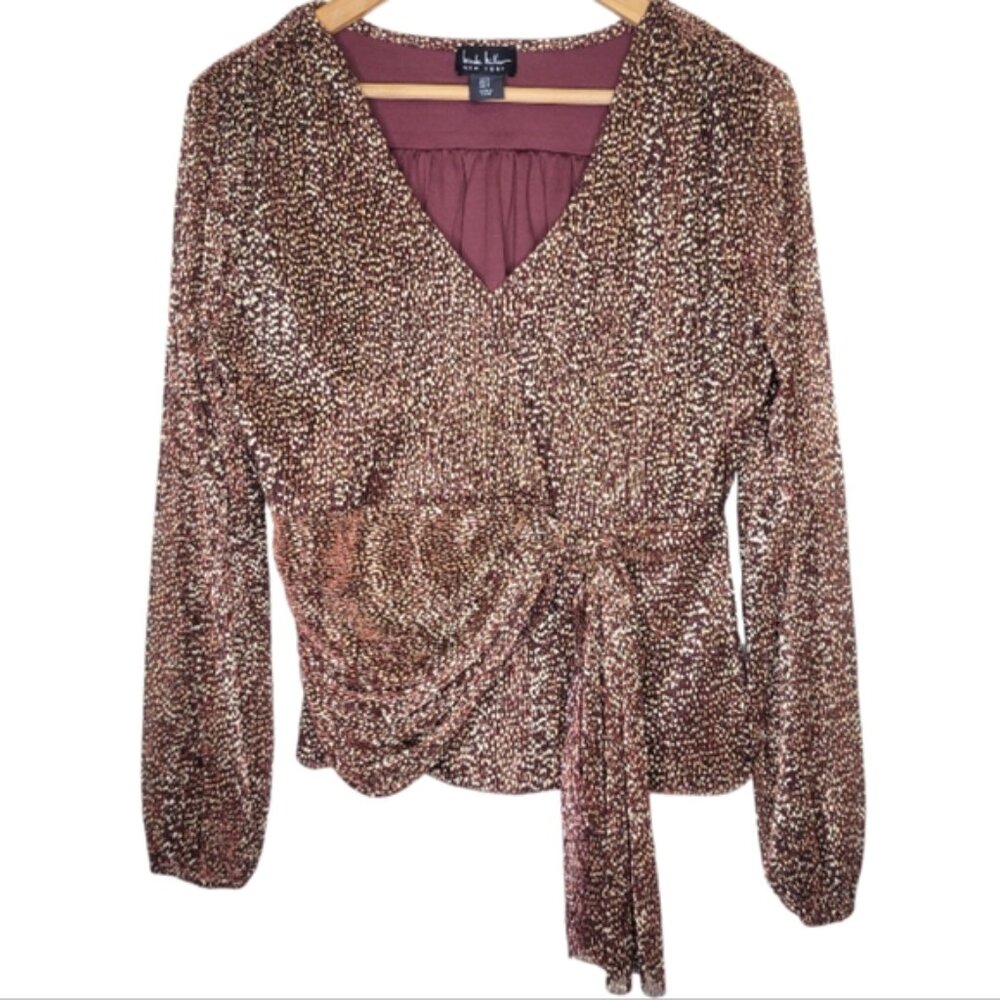 Nicole Miller Brown Gold Tie Blouse, Size M